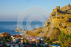 SUDAK, CRIMEA - July, 2020: Aereal view of coastline in summer morning