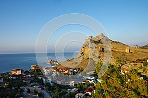 SUDAK, CRIMEA - July, 2020: Aereal view of coastline in summer morning