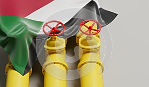 Sudan flag covering an oil and gas fuel pipe line. Oil industry concept. 3D Rendering