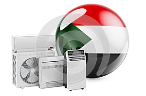 Sudanese flag with cooling and climate electric devices. Manufacturing, trading and service of air conditioners in Sudan, 3D