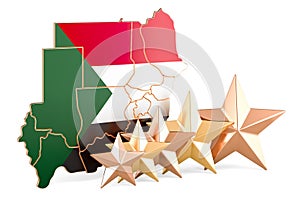 Sudanese map with five stars. Rating, quality, service in Sudan. 3D rendering