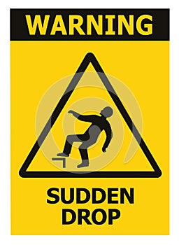 Sudden Drop Danger Warning Text Sign Icon Label, Black Triangle Over Yellow, Isolated Triangular Falling Injury Hazard Risk