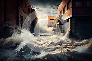 sudden influx of wastewater into street, with rushing water and debris churning under the surface