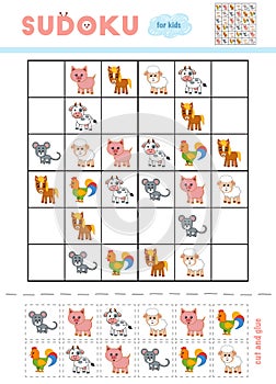 Sudoku for children, education game. Cartoon farm animals