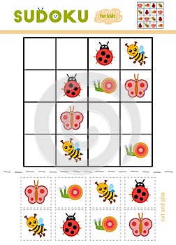 Sudoku for children, education game. Cartoon insects