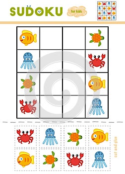 Sudoku for children, education game. Cartoon sea animals