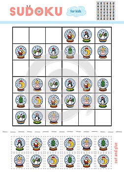 Sudoku for children, education game. Cartoon set of snowballs