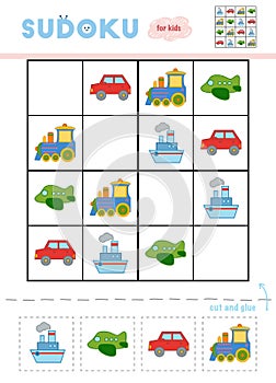 Sudoku for children, education game. Set of transport objects