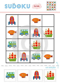 Sudoku for children, education game. Set of transport objects