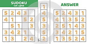 Sudoku with five cookie numbers. 1 2 3 4 5. Game puzzle for little kids. Cut and glue. Cartoon