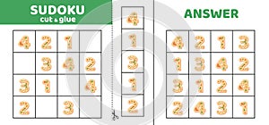 Sudoku with four cookie numbers. 1, 2, 3, 4. Game puzzle for little kids Cut and glue Cartoon