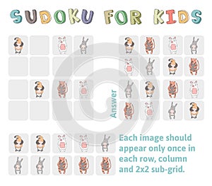 Sudoku game for children with pictures. Kids activity sheet with funny animals. Logic education game. Vector