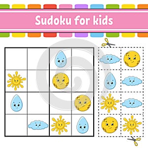 Sudoku for kids. Education developing worksheet. Activity page with pictures. Puzzle game for children. Logical thinking training