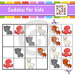 Sudoku for kids. Education developing worksheet. Activity page with pictures. Puzzle game for children. Set animals. Isolated