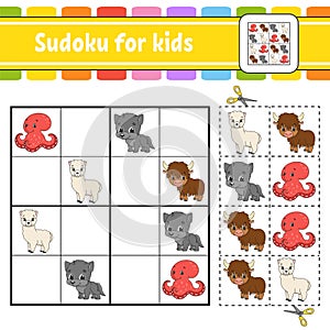 Sudoku for kids. Education developing worksheet. Activity page with pictures. Puzzle game for children. Set animals. Isolated