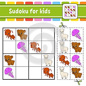 Sudoku for kids. Education developing worksheet. Activity page with pictures. Puzzle game for children. Set animals. Isolated