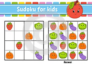 Sudoku for kids. Education developing worksheet. Vegetable, fruit. Cartoon character. Color activity page. Puzzle game for