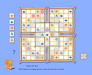 Sudoku for kids. Place flowers in empty spaces so each line has one of a kind. Page for brain teaser book. Logic puzzle game for