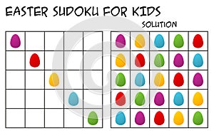 Sudoku for kids with solution, seasonal Easter theme with colorful eggs