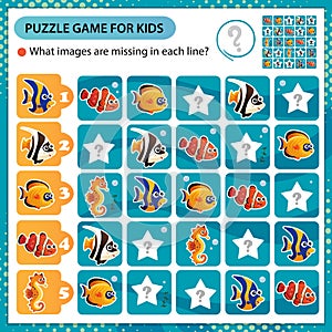 Sudoku puzzle. What images are missing in each line?  Aquarium fishes. Clownfish, guppy, angelfish, seahorse. Logic puzzle for