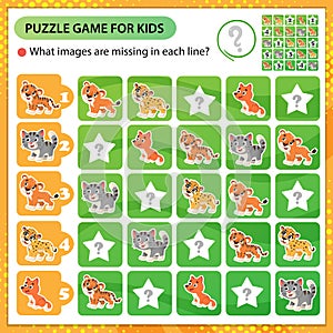 Sudoku puzzle. What images are missing in each line? Baby animals. Little cat, lion, tiger, cheetah, fox. Logic puzzle for kids.