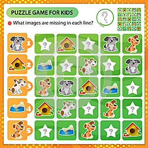 Sudoku puzzle. What images are missing in each line? Dogs. Logic puzzle for kids. Education game for children. Worksheet vector
