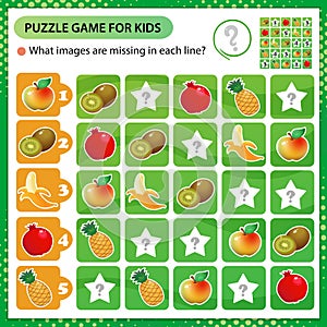 Sudoku puzzle. What images are missing in each line? Fruits. Banana, garnet, apple, pineapple, kiwi. Logic puzzle for kids. Game