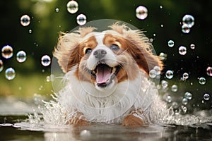 sudsy dog playing with floating bubbles