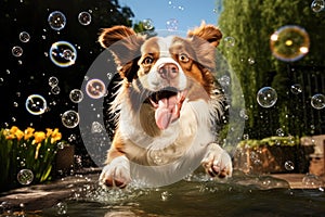 sudsy dog playing with floating bubbles