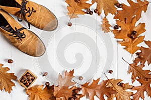 Suede ginger fashion shoes with yellow fallen oak leaves on white wooden background. Top view with copyspace.