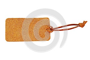 Suede leather price tag with leather cord isolated on white back