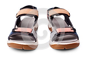 Suede sandals, velcro straps, flat sole white background isolated close up front view, trekking sandal shoes, sport footwear