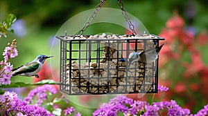 suet feeder placed near a colorful flowerbed