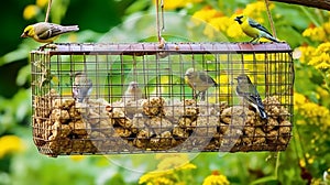 suet feeder placed near a colorful flowerbed