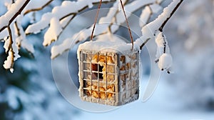 suet feeder placed near a colorful flowerbed