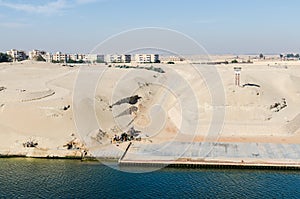 Suez Canal, Egypt- November 5, 2017: Urban buildings on the west