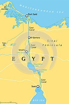 Suez Canal, artificial sea-level waterway in Egypt, political map photo