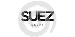 Suez in the Egypt emblem. The design features a geometric style, vector illustration with bold typography in a modern font. The