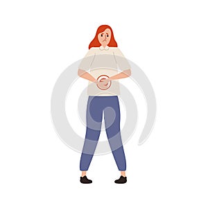 Suffer woman with painful expression having abdominal ache vector flat illustration. Unhappy female feeling stomach pain