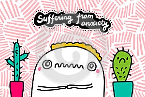 Suffering from anxiety hand drawn vector illustration in cartoon comic stlye man frustrated plants around photo