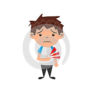 Suffering boy hold his stomach in pain. Poisoning or illness. Vector illustration EPS 10