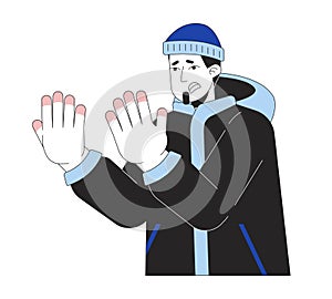 Suffering caucasian man with frostnip fingers 2D linear cartoon character
