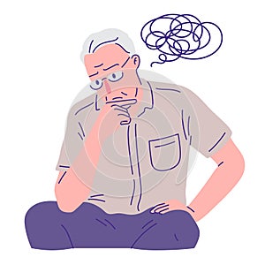 suffering elderly man with thoughtful pose illustration. retirement concept