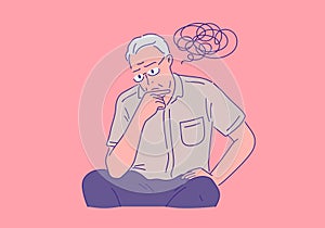 suffering elderly man with thoughtful pose illustration. retirement concept
