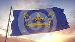 Suffolk flag, England, waving in the wind, sky and sun background