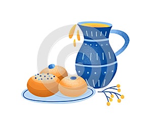 Sufganiyah vector illustration. Jewish jelly donuts and jug of olive oil. Hanukkah traditional treats isolated on white