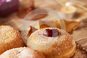 Sufganiyot, Jewish donuts filled with strawberry jelly