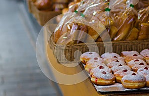 Sufganiyot for sale at the Mahane Yehuda market