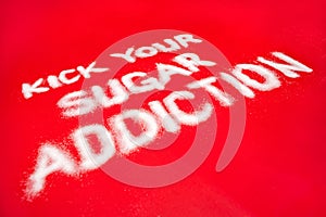 Sugar addiction concept on red background