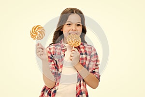 Sugar addiction. Healthy nutrition diet. Girl like sweets lollipop candy white background. Sweets reward. Rewarding